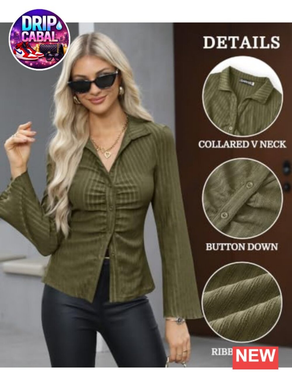 Women's Button Down V Neck Ruched Blouse Long Sleeve Slim Fit Top - Picture 3 of 6